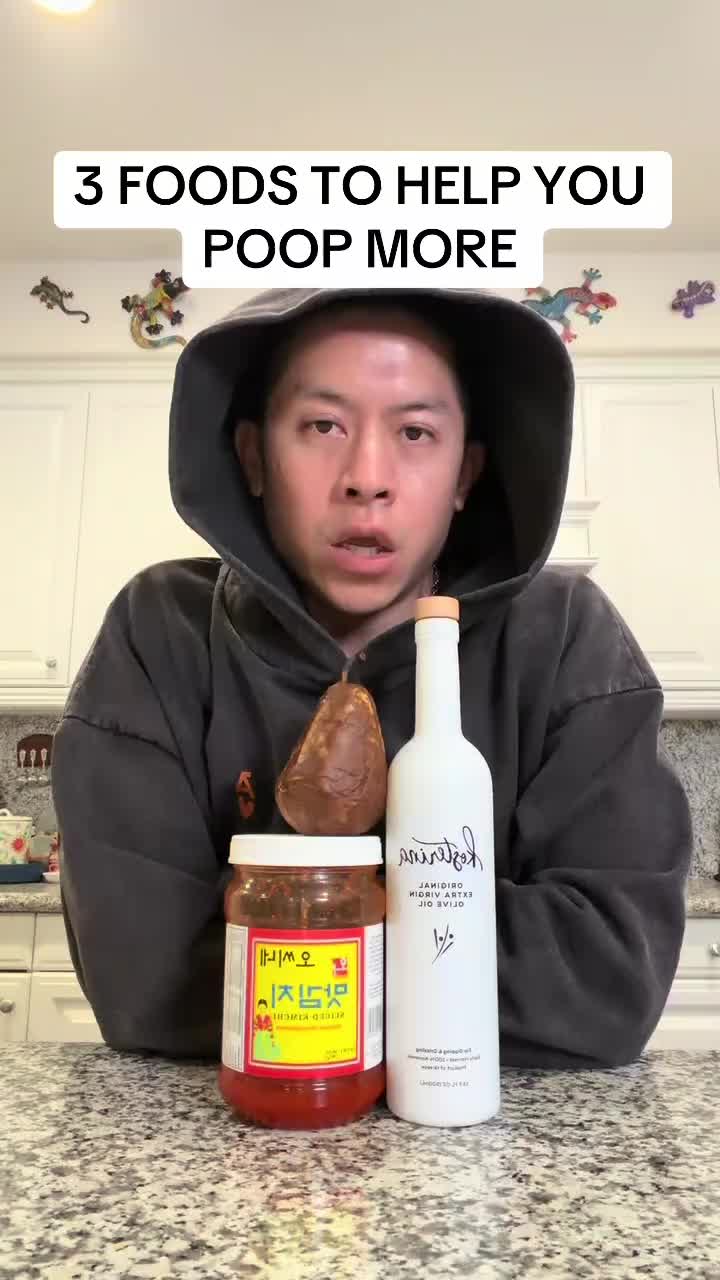 3 Foods to Help You Poop More (Unhinged Version): 1. The Over Ripe Pear 2. Kimchi Water 3. Warm Shot of Olive Oil #const