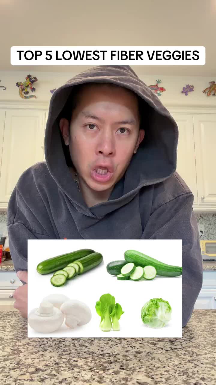 Here are the top 5 lowest fiber vegetables: 5. Iceberg lettuce  4. Bok choy  3. White mushrooms  2. Zucchini  1. Cucumbe