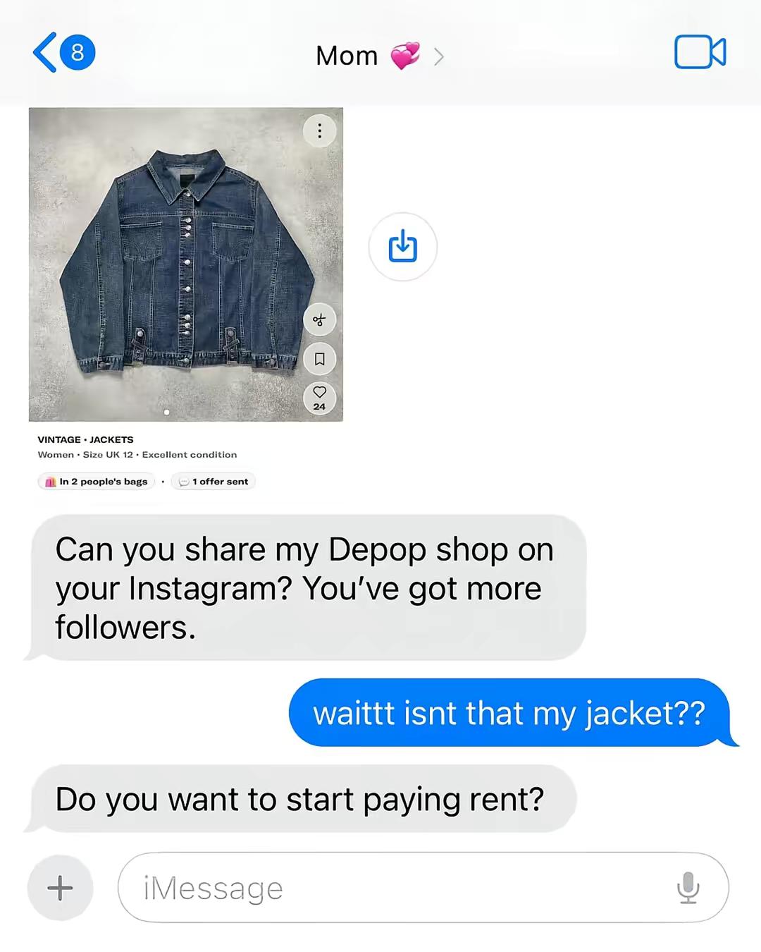Sometimes you just have to read texts from your Mom and go about your day. #depop #secondhandfashion #fyp